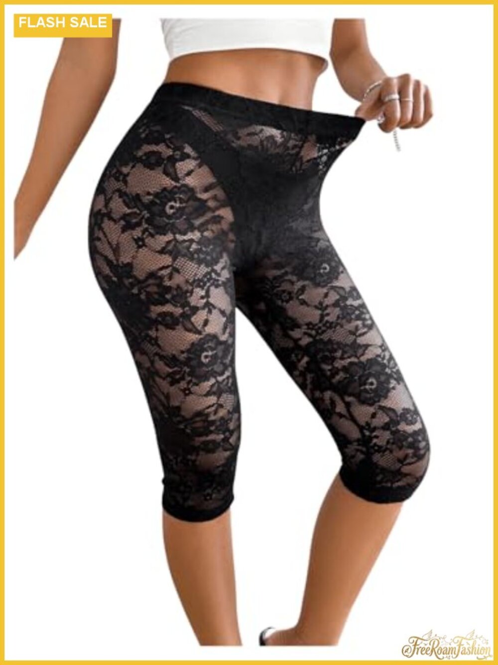 Women's Floral Lace Capri Leggings Sheer Mesh Skinny Elastic Waist